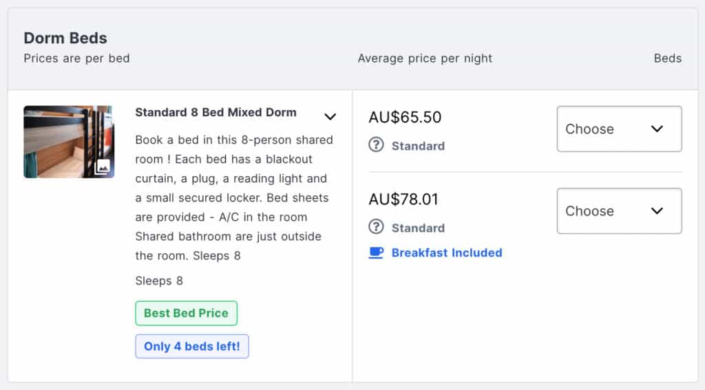 The cost of a hostel breakfast included in the room rate