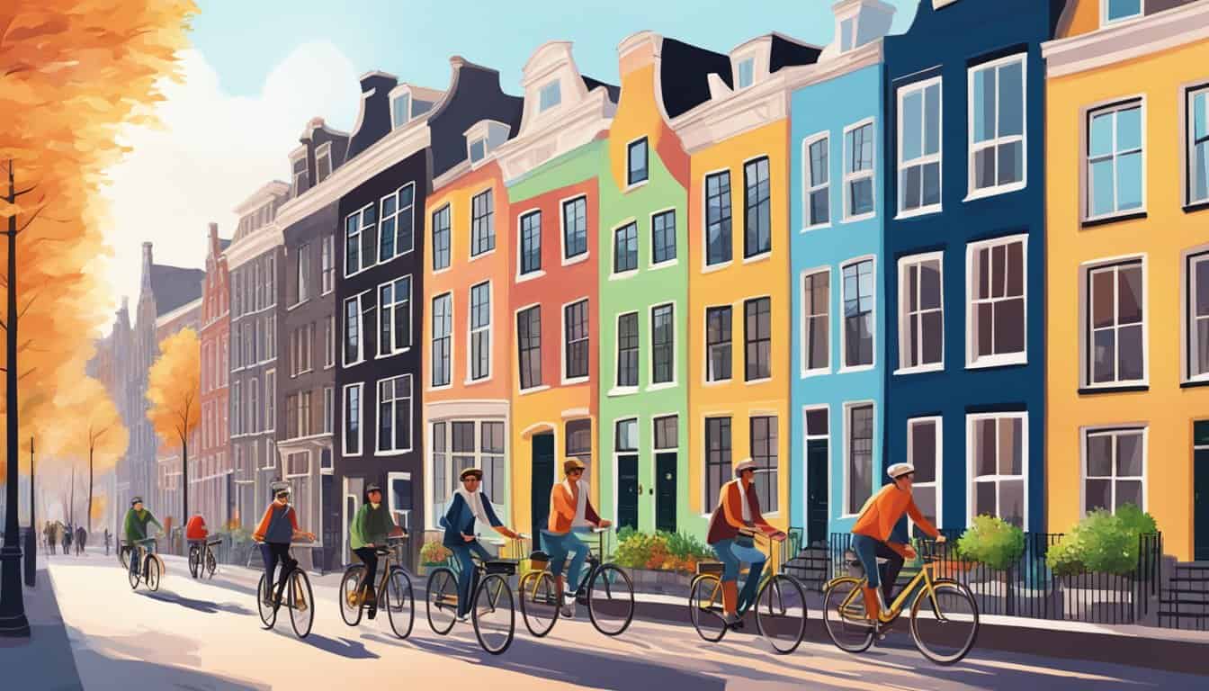 People biking past colorful canal houses in Amsterdam