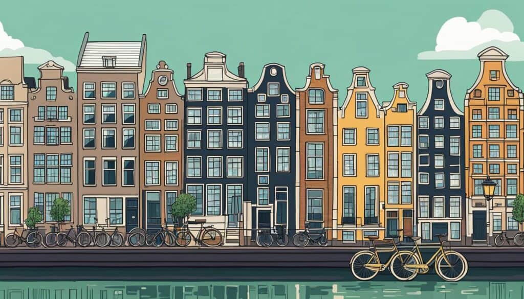 Colorful buildings line the canals of Amsterdam, with bicycles parked outside top-rated hostels. A mix of modern and historic architecture creates a vibrant and inviting atmosphere