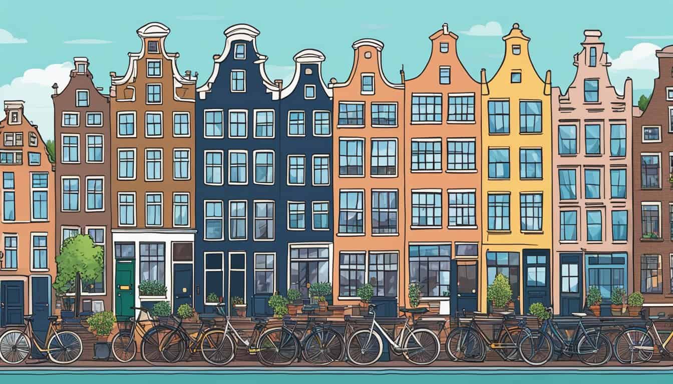 The bustling streets of Amsterdam with colorful buildings and cozy hostels lining the canals, with bicycles parked outside