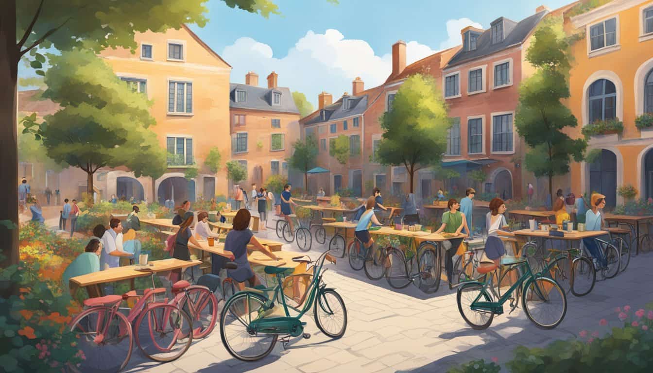 A bustling hostel courtyard with colorful bicycles parked outside, guests socializing at outdoor tables, and a picturesque canal in the background