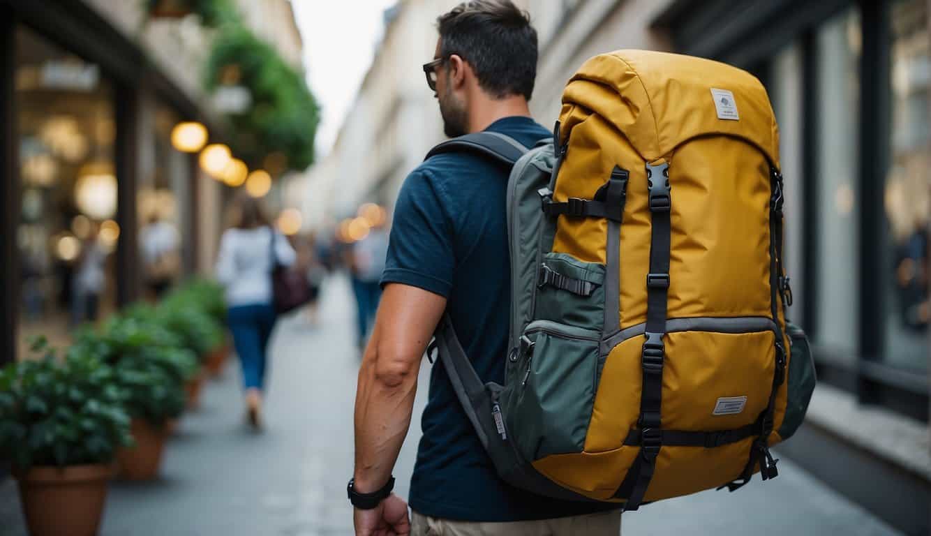 A traveler carefully selects a sturdy, spacious backpack, comparing features and sizes for backpacking through Europe
