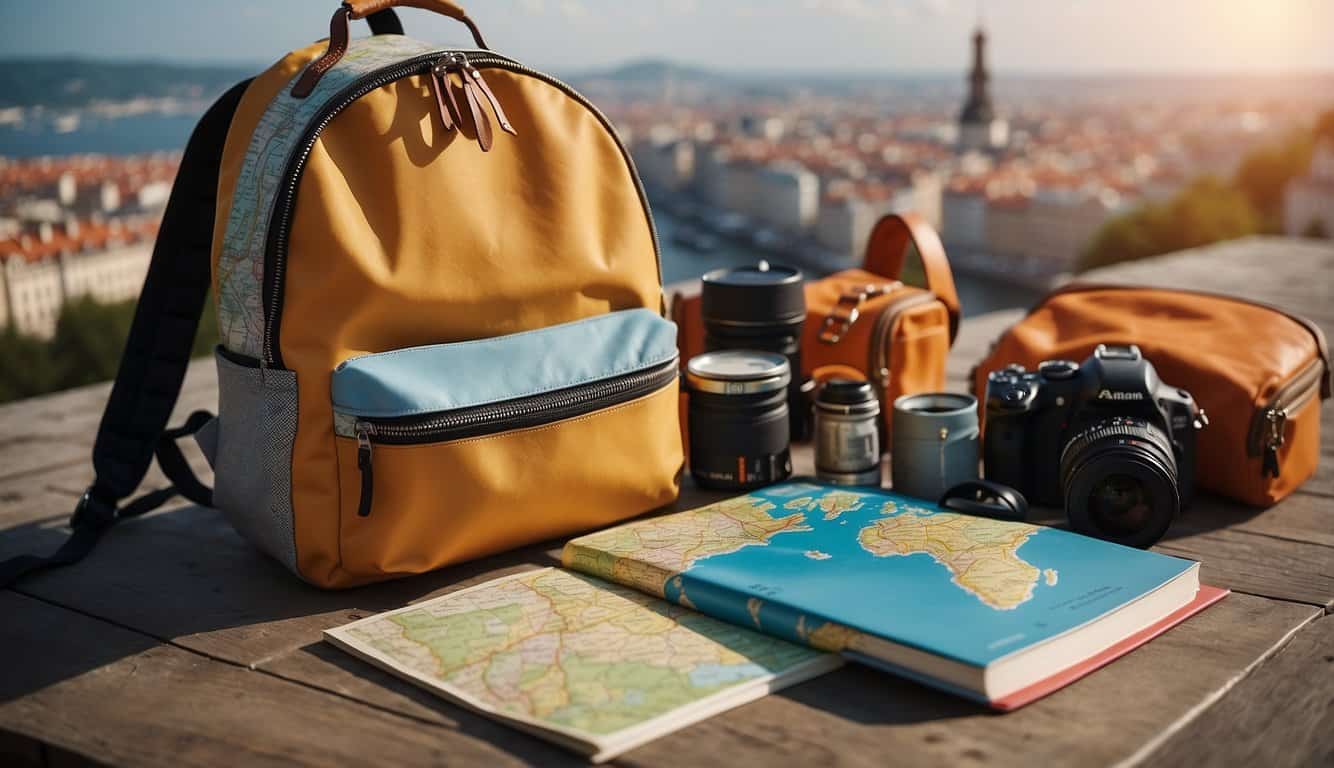 A colorful backpack surrounded by European landmarks and travel essentials, with a map and guidebook peeking out from the top