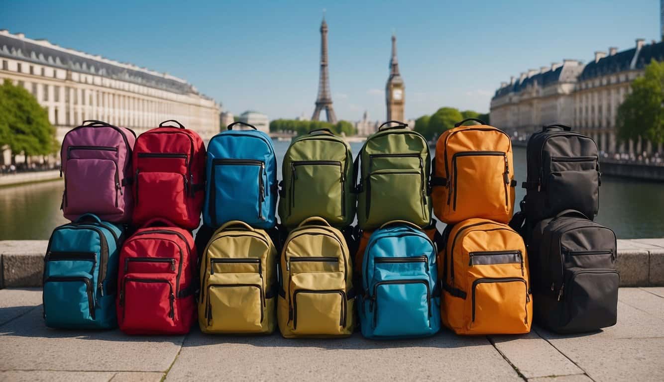A colorful backpack with multiple compartments, water bottle holder, and padded straps, surrounded by iconic European landmarks and bustling city streets