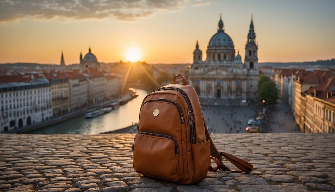 A backpack sits on a cobblestone street in Europe, surrounded by iconic landmarks. The sun sets behind a picturesque skyline, casting a warm glow over the scene