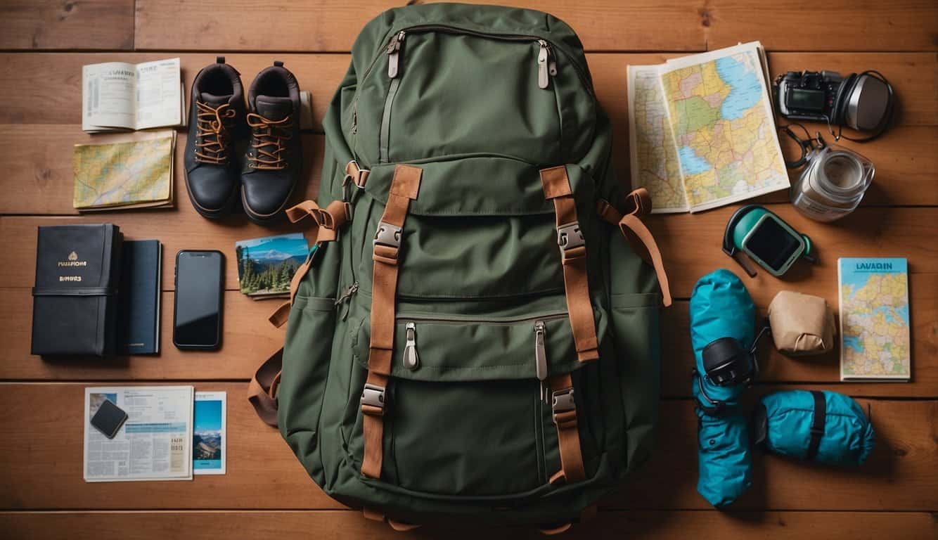 A backpack filled with camping gear, maps, and travel books sits next to a pair of sturdy hiking boots. A passport and train tickets are tucked into the front pocket