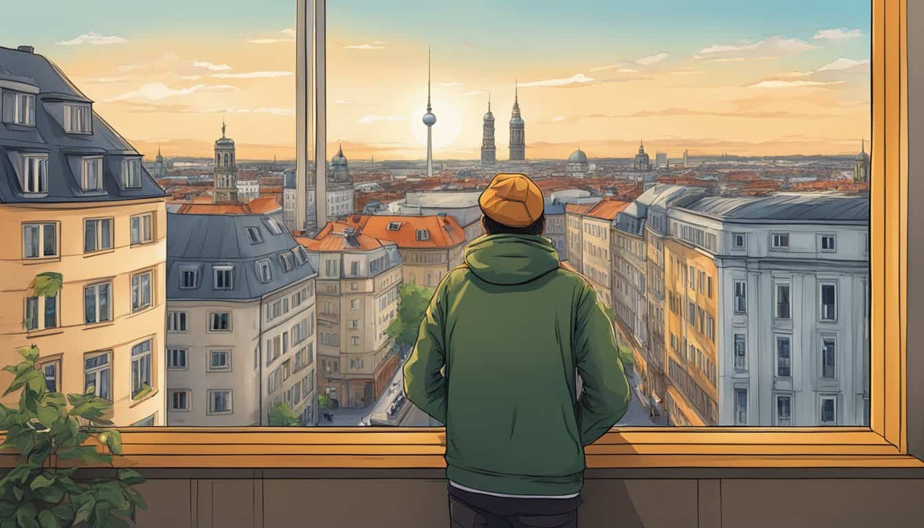 A traveler gazes out from a hostel window, overlooking the bustling streets of Berlin. The city's iconic landmarks and vibrant atmosphere are visible in the distance