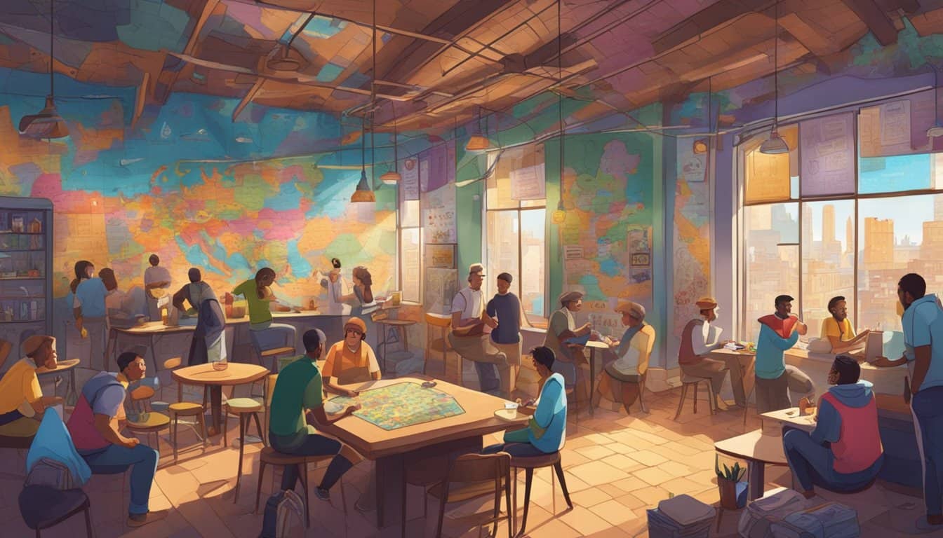 A bustling common room with travelers socializing, playing games, and sharing stories. The walls adorned with colorful graffiti and maps of the city
