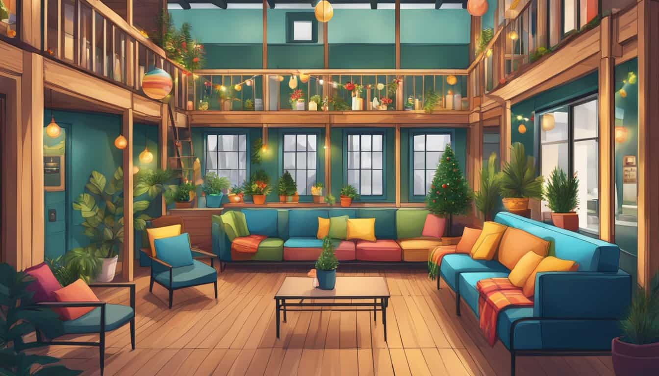 The hostel's exterior is adorned with colorful seasonal decorations, while a cozy common area inside features warm lighting and festive accents