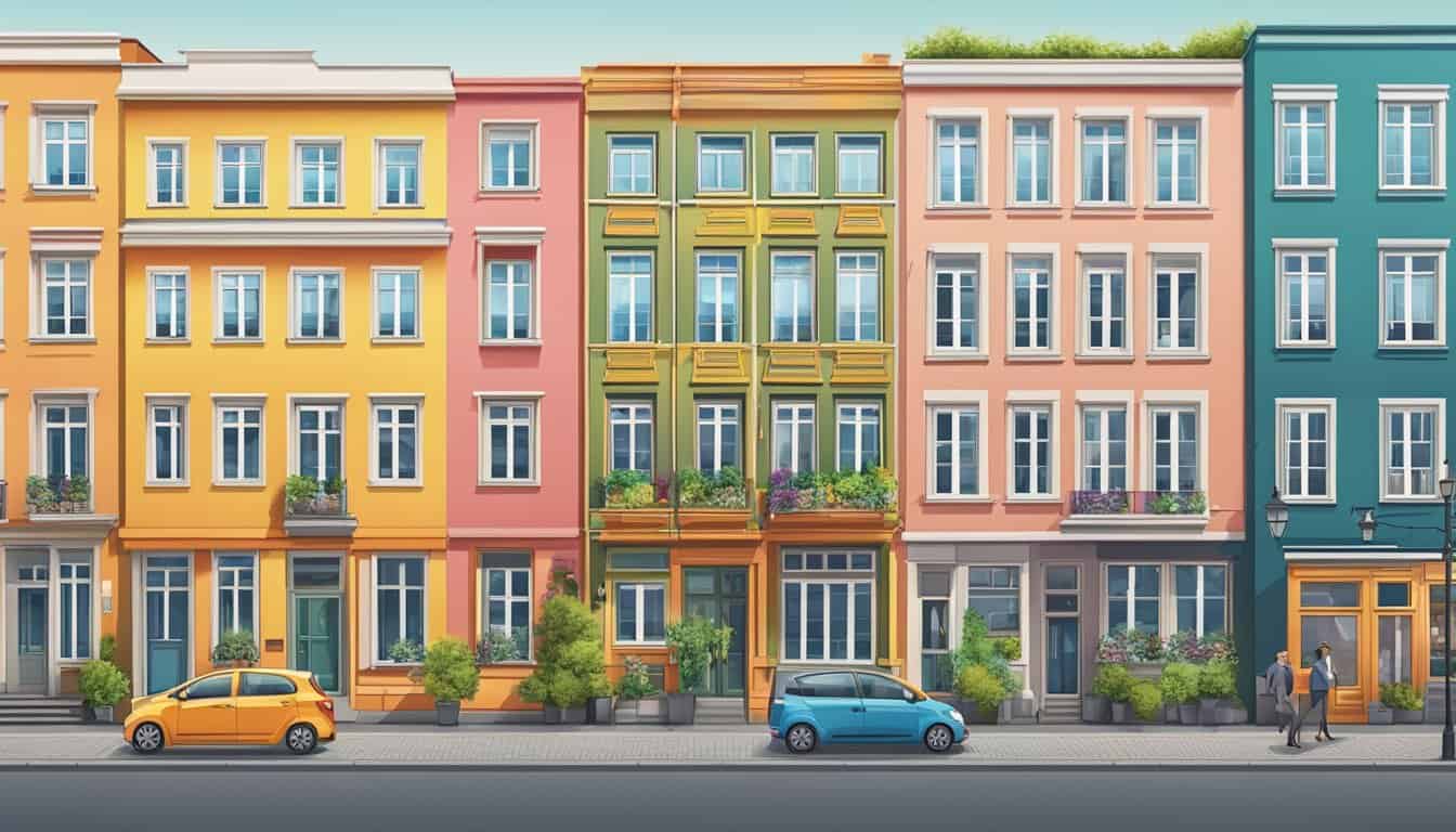 A row of colorful, well-maintained buildings with vibrant signage, nestled in a bustling neighborhood of Berlin