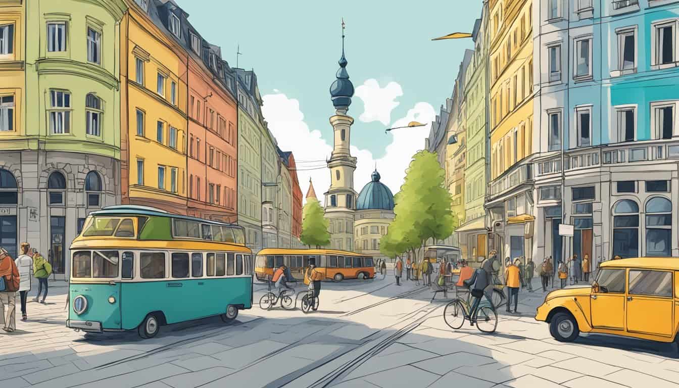 A bustling street in Berlin with colorful buildings, a mix of modern and historic architecture, and a sign displaying "Top Rated Hostels in Berlin."