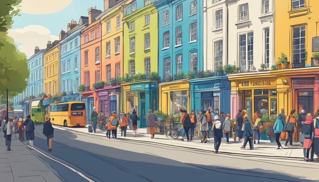 Colorful buildings line a bustling street in London, with signs advertising the best hostels. Tourists and locals mingle in the vibrant atmosphere