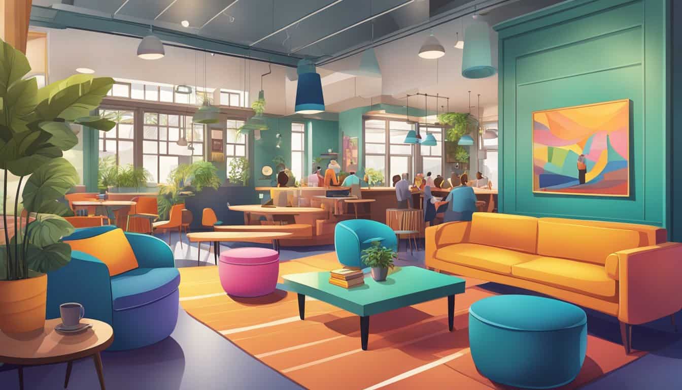 Vibrant hostel common area with cozy seating, colorful decor, and a buzzing atmosphere. Guests mingle, play games, and enjoy the lively ambiance
