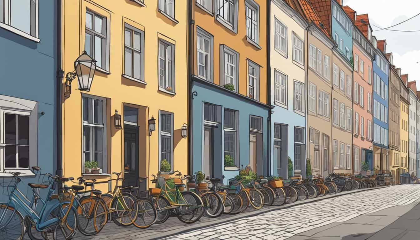 A bustling street in Copenhagen, with colorful buildings and bikes lining the cobblestone roads. A sign for the "best hostels" hangs above a charming entrance, welcoming visitors from around the world