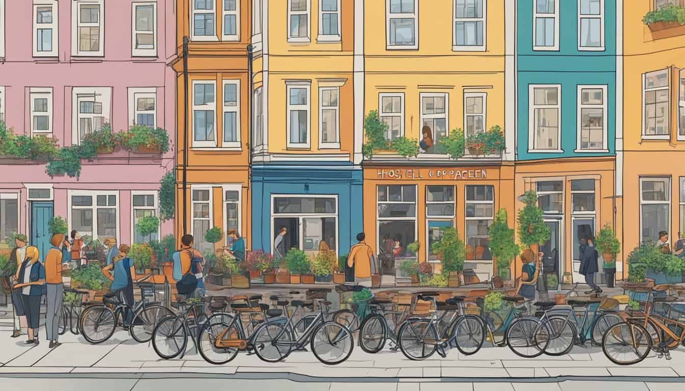 Colorful hostel signs line a bustling street in Copenhagen, with people chatting outside and bicycles parked nearby. A map of the city hangs on a nearby wall