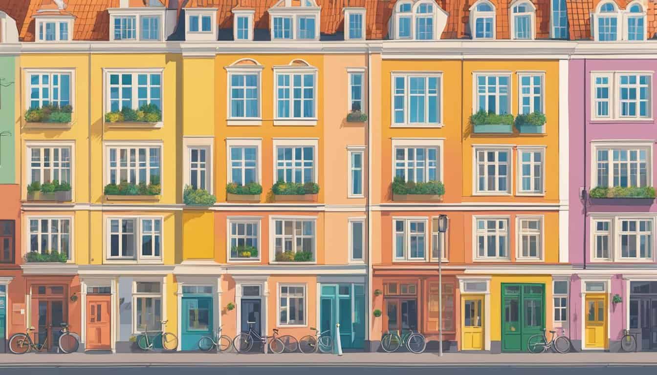 A row of colorful, well-maintained buildings with welcoming signs and vibrant flags, showcasing the top-rated Copenhagen hostels