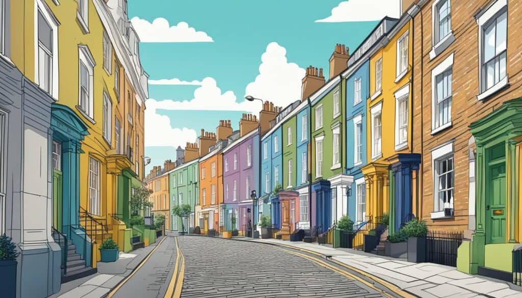 The bustling streets of London, with colorful row houses and cobblestone alleys leading to the best hostels in the city