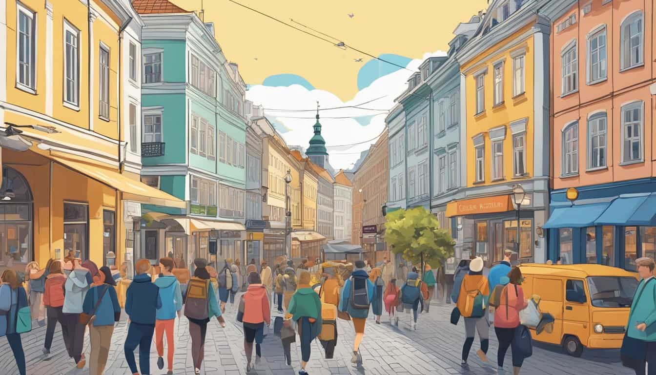 A bustling street in Helsinki, with colorful hostel signs and happy travelers exploring the city