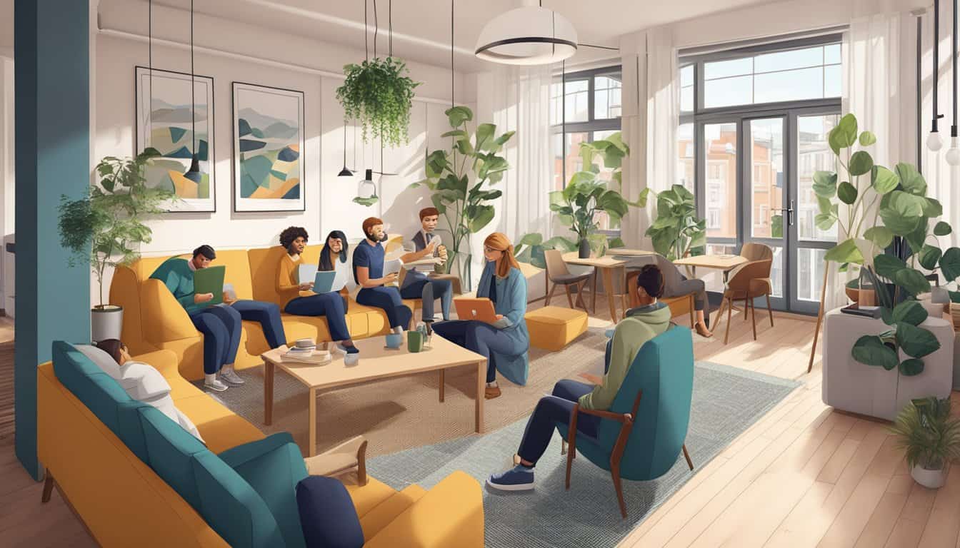 A group of travelers enjoying the cozy atmosphere of a modern hostel in Helsinki. The common area is filled with comfortable seating, vibrant decor, and friendly staff ready to assist guests