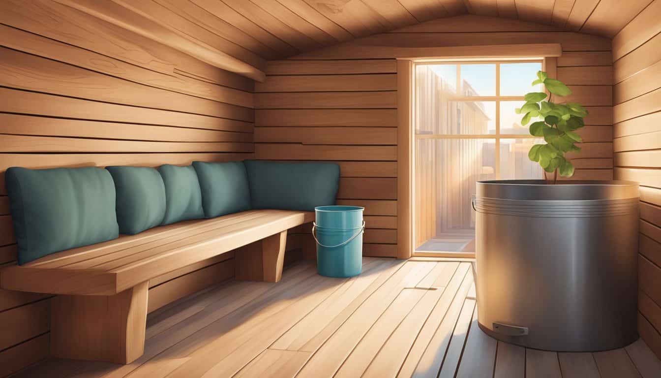 A cozy sauna in a Helsinki hostel, with wooden benches, a bucket of water, and a small window letting in soft light