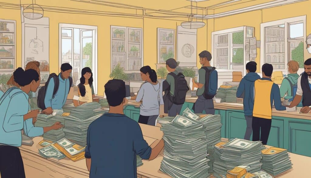 Guests counting money at a hostel reception desk in Paris. Backpacks and travel guides are scattered on a nearby table
