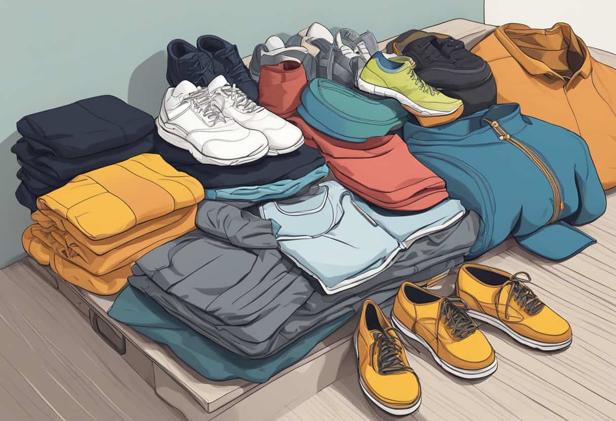 A pile of clothing and footwear arranged neatly on a bed, ready to be packed for a hostel trip