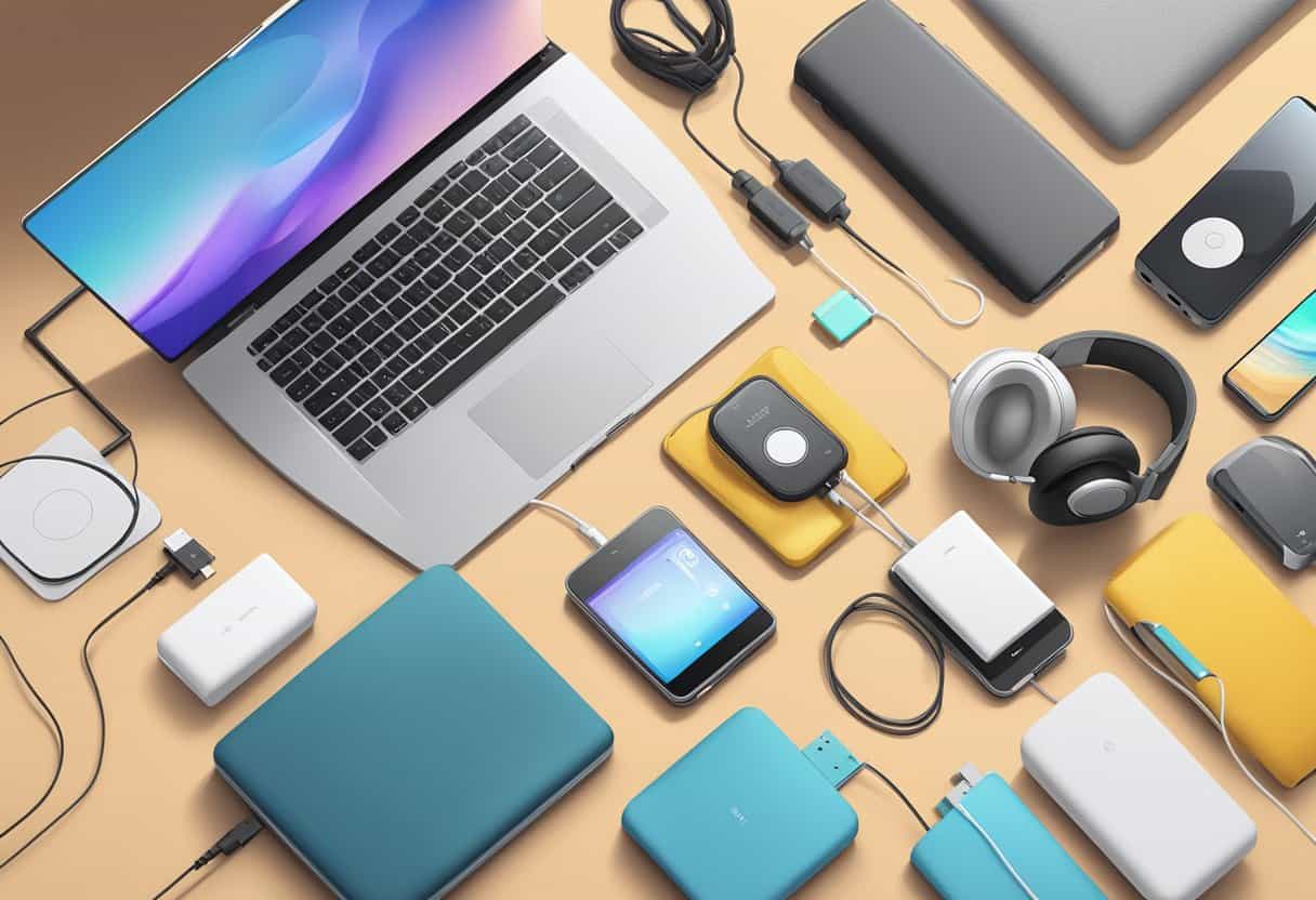 Electronic devices and accessories scattered on a bed, including a laptop, phone charger, headphones, and portable power bank
