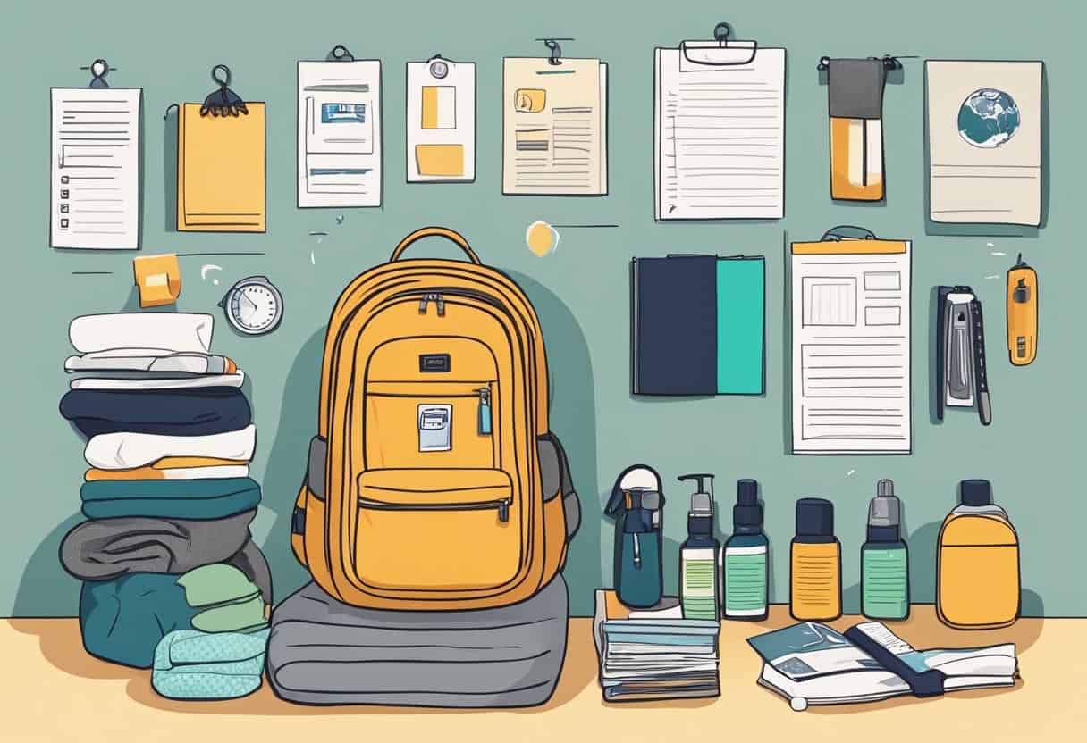 A hostel room with a neatly packed backpack, travel-sized toiletries, and a guidebook on a bed. A checklist with ticked items is pinned to the wall