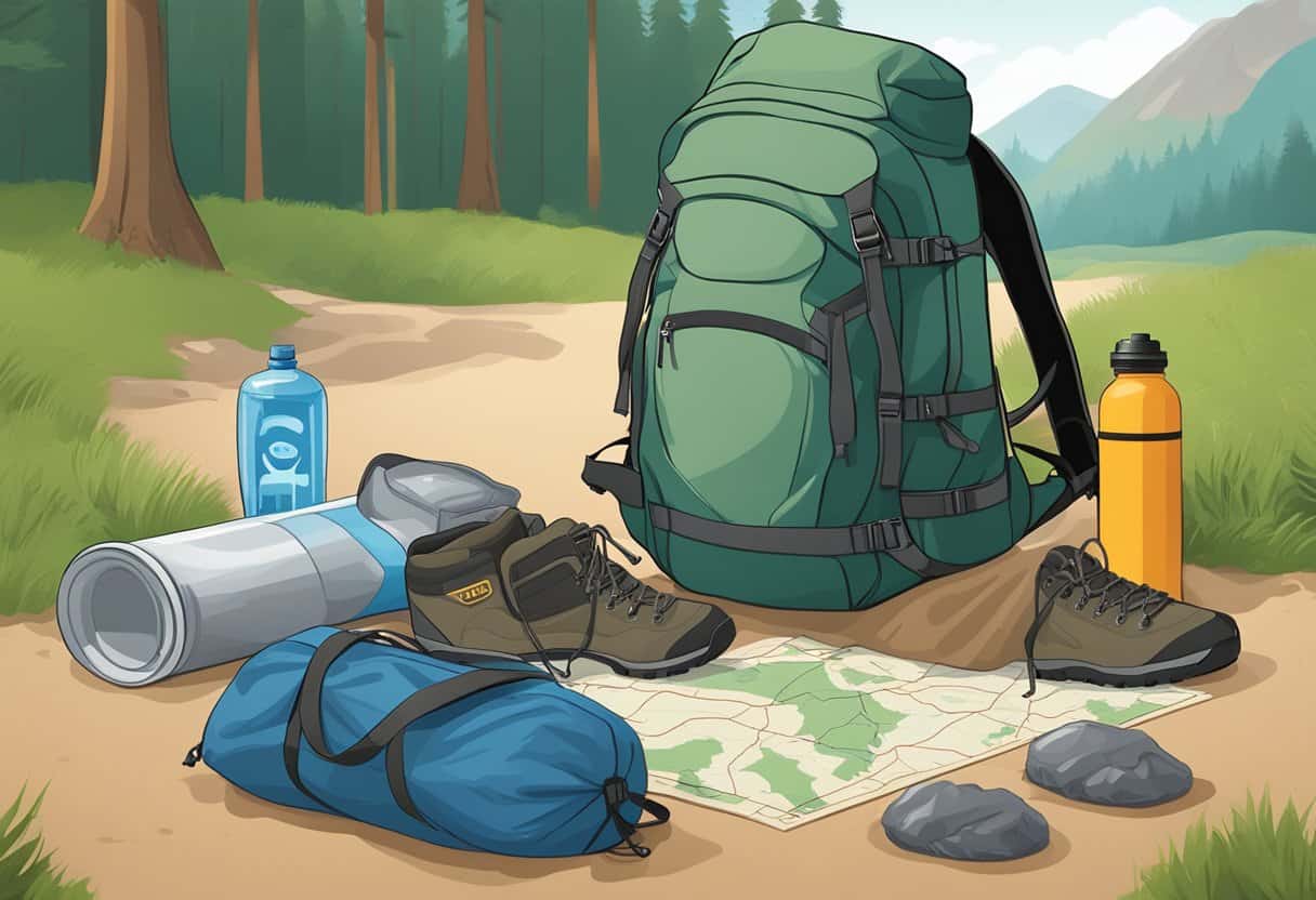 A backpack, sleeping bag, hiking boots, water bottle, map, and flashlight lay on the ground next to a hostel sign