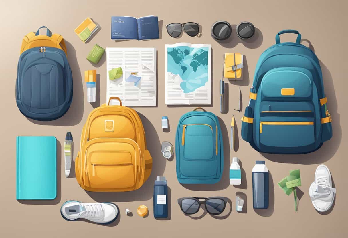 A table with a backpack, clothes, toiletries, and a travel guide