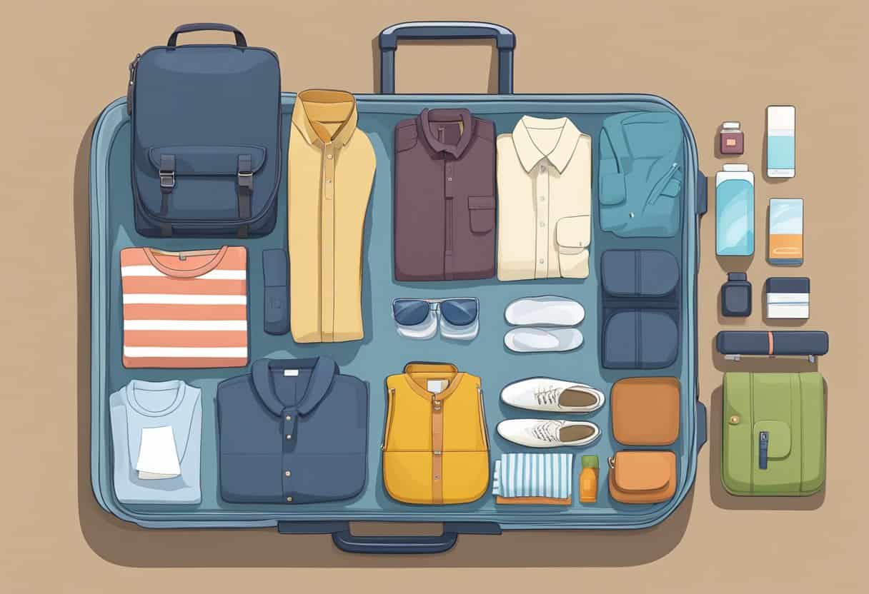 A neatly organized suitcase with folded clothes, toiletries, and travel essentials laid out on a bed