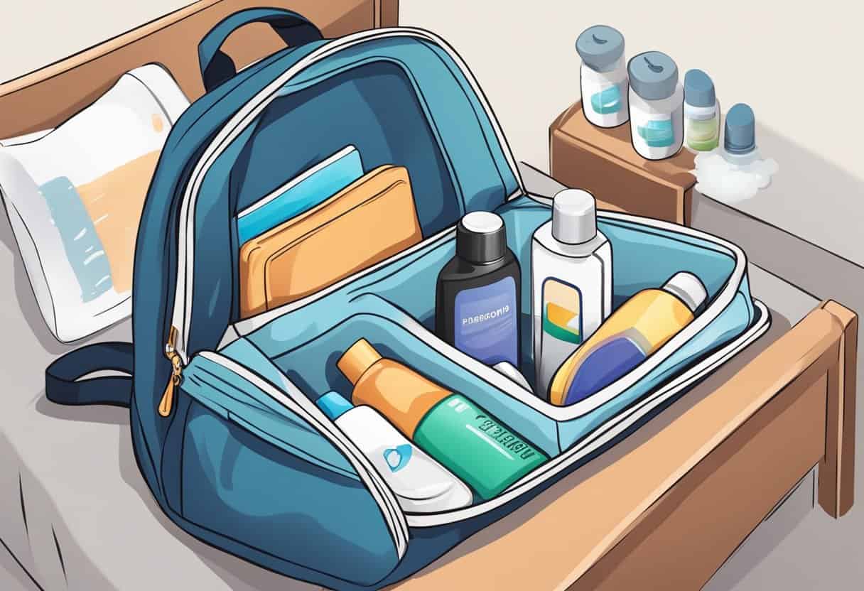 A backpack open on a bed, filled with toiletries: toothbrush, shampoo, soap, deodorant, and towel