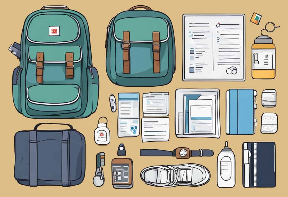 A table with a checklist of items: passport, toiletries, clothing, and a first aid kit. Backpack and travel documents lay nearby