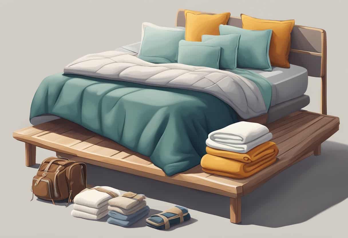 A neatly made bed with a cozy blanket, a stack of fresh towels, toiletries neatly arranged, and a backpack ready for adventure