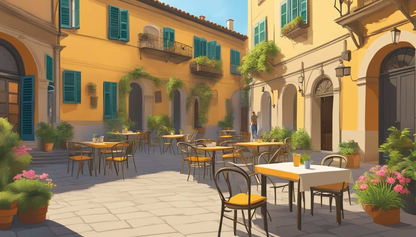 A bustling courtyard with colorful buildings, outdoor seating, and a sign reading "Best Hostels in Florence." Tourists come and go, chatting and enjoying the lively atmosphere