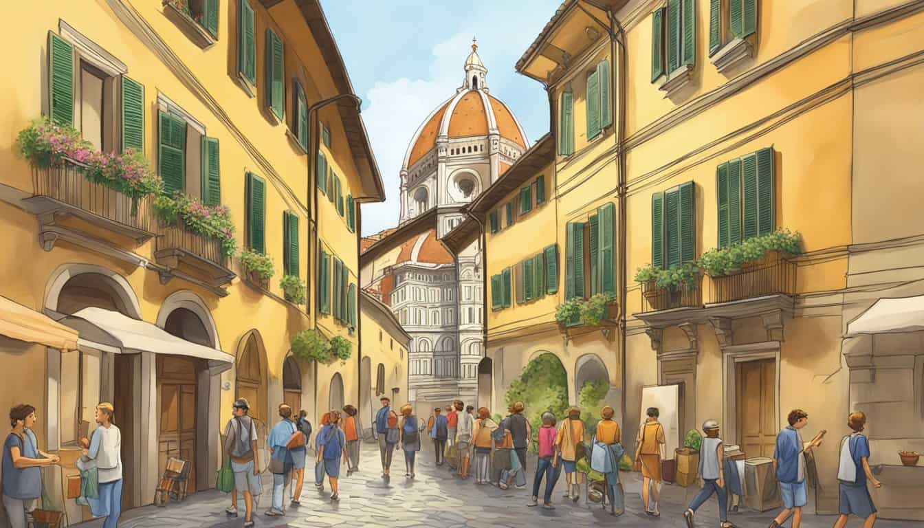 Travelers explore Florence's charming streets, stumbling upon hidden gems like cozy hostels nestled among historic buildings