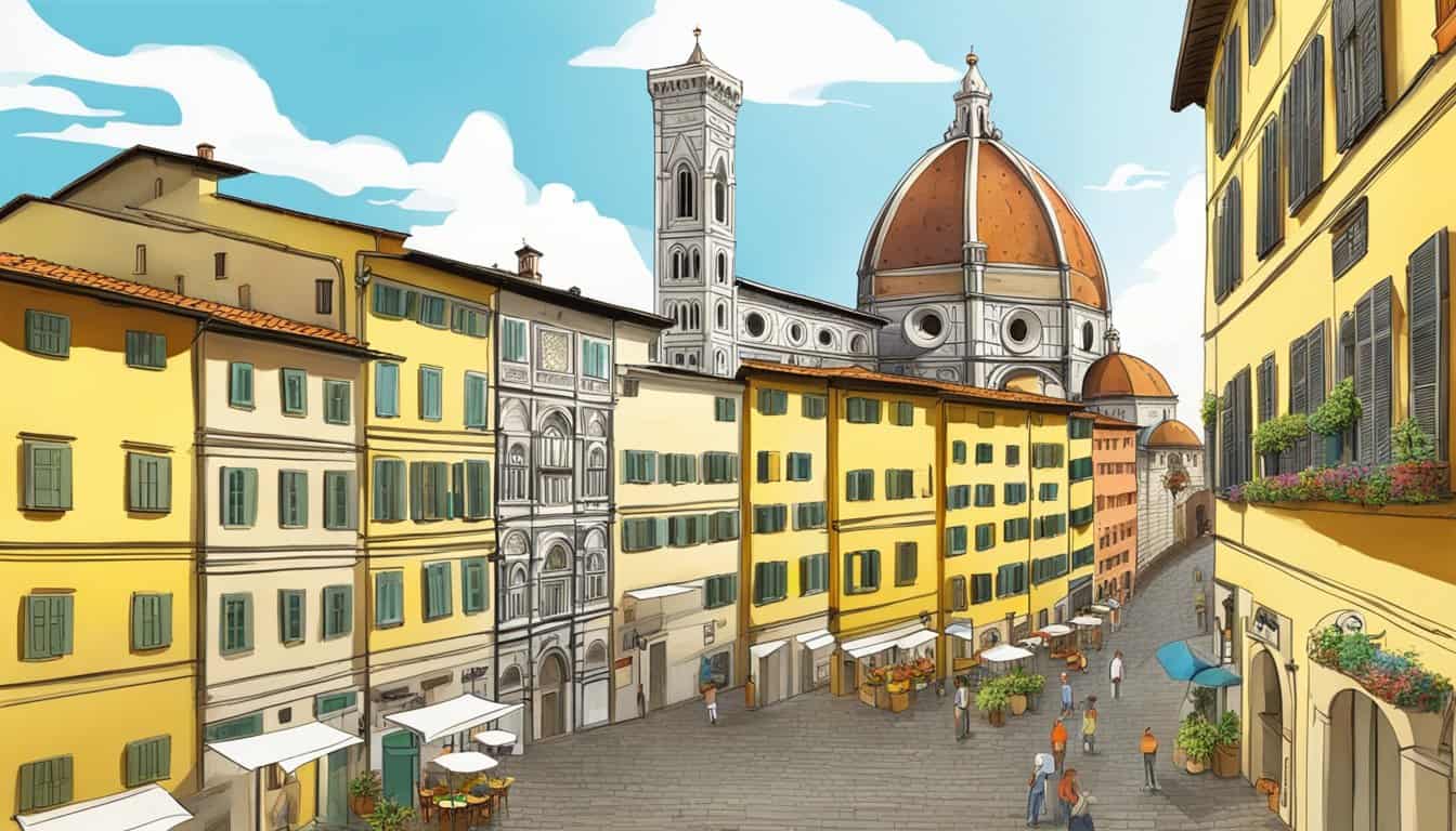 Vibrant street scene with colorful buildings, cobblestone streets, and lively outdoor cafes in Florence, Italy. Artistic and cultural elements are evident in the architecture and decor of the hostels
