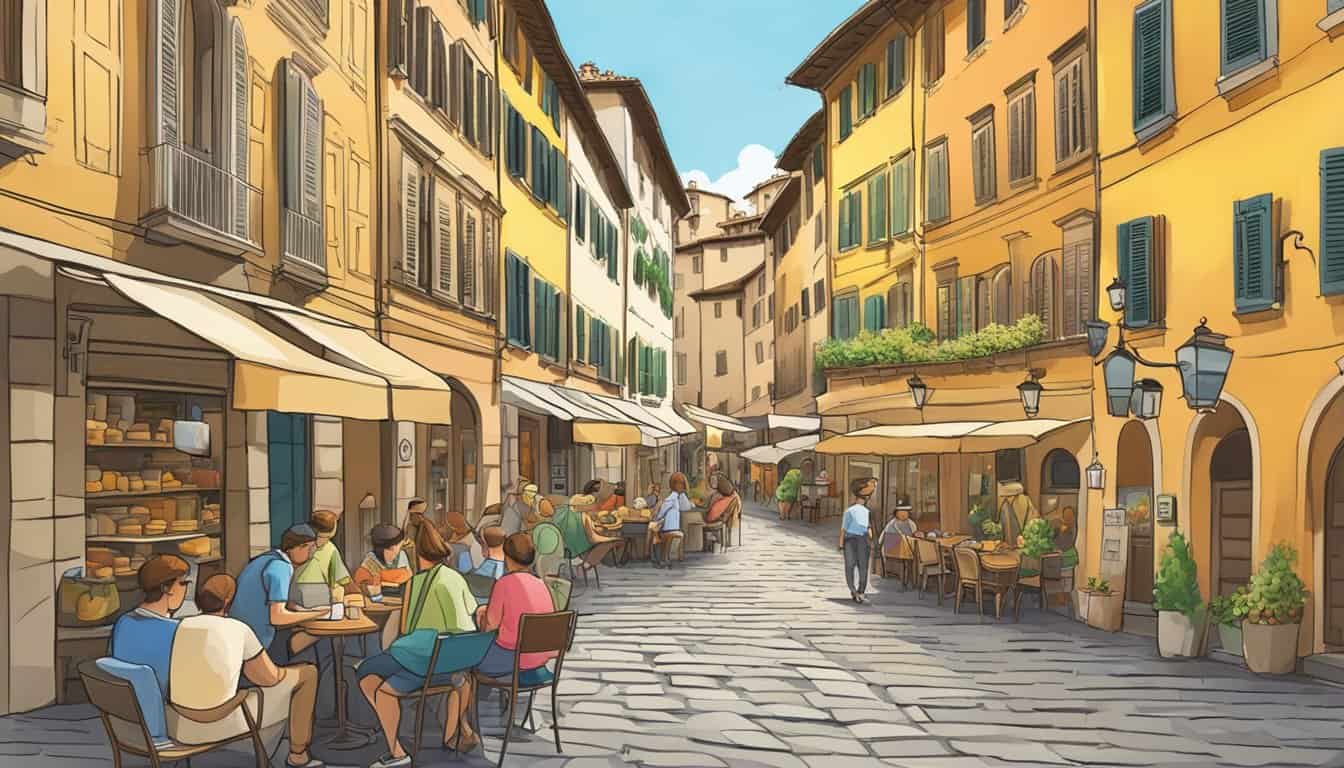 A bustling street in Florence, with colorful buildings and cobblestone pathways leading to the best hostels. Tourists and locals navigate the area, with easy access to shops, restaurants, and historical landmarks