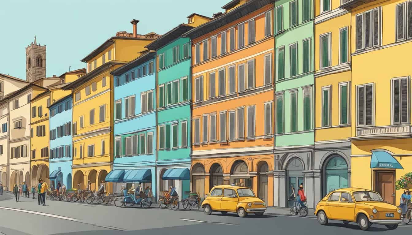 A row of colorful hostels in Florence, with a mix of old and modern architecture, surrounded by bustling streets and vibrant markets