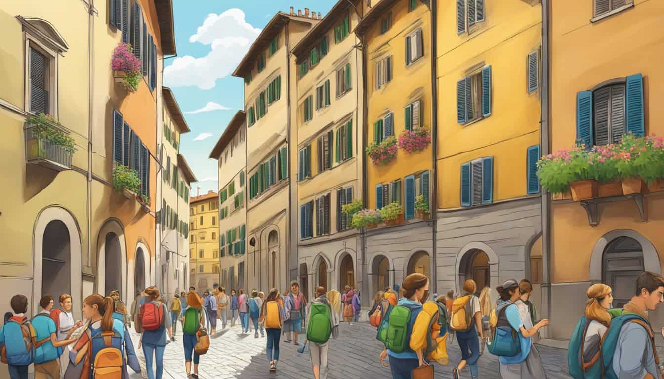 A bustling street in Florence, with colorful hostel signs and tourists carrying backpacks. The historic buildings and cobblestone streets add to the charming atmosphere