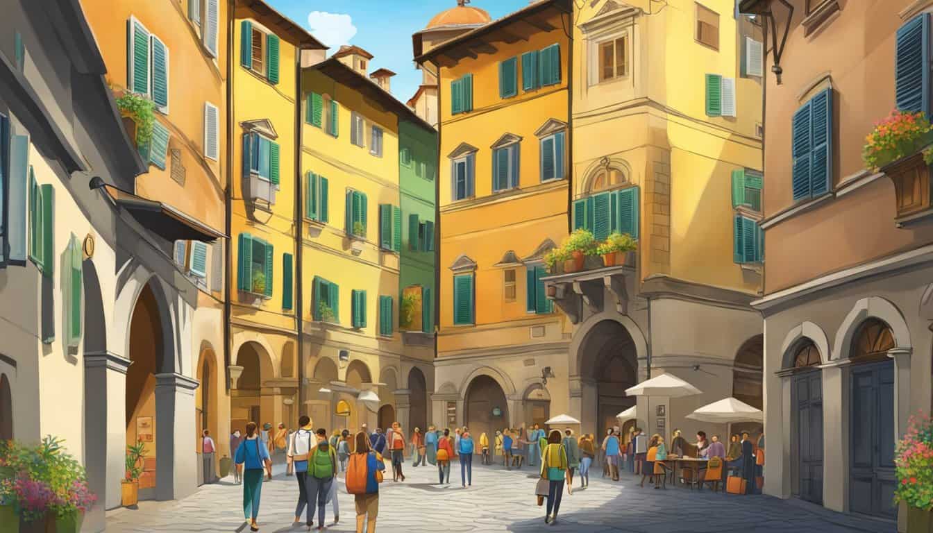 A bustling street in Florence, with colorful buildings and lively atmosphere, showcasing the top-rated hostels with inviting signs and welcoming entrances