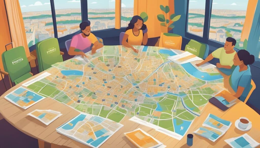 Travelers browsing through colorful brochures of Paris hostels, comparing prices and amenities. A map of Paris on the table, with different hostel locations marked