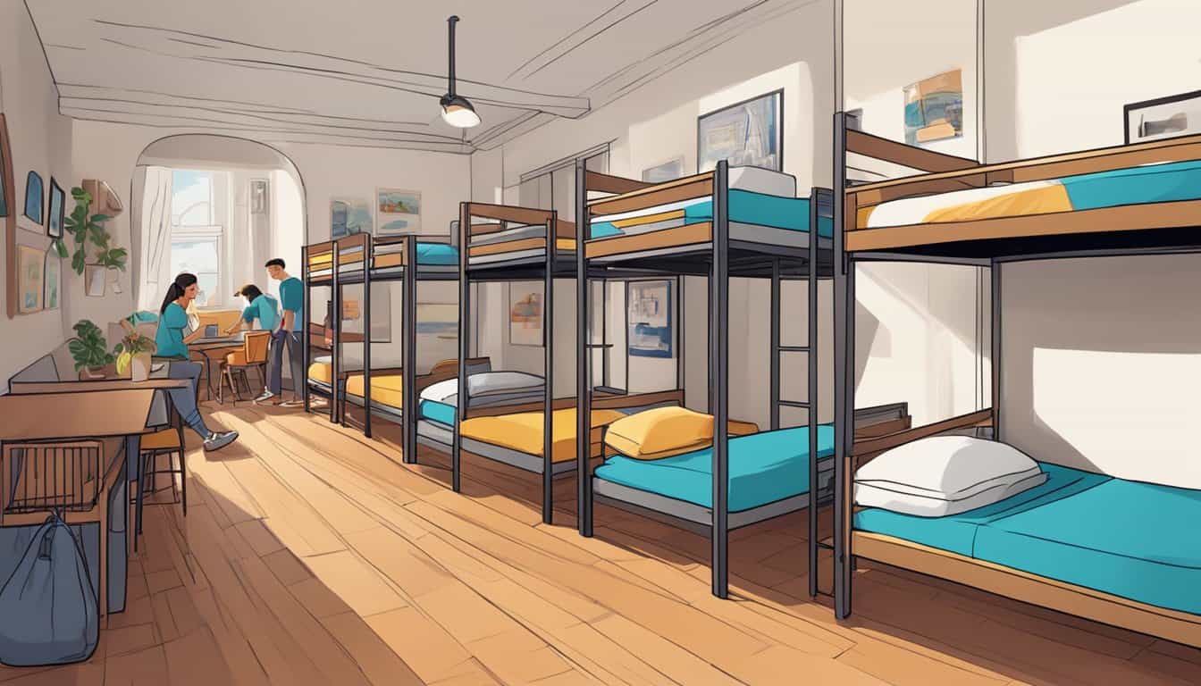 A bustling hostel in Naples, with diverse travelers mingling in the common area. Comfortable bunk beds, vibrant decor, and a welcoming atmosphere