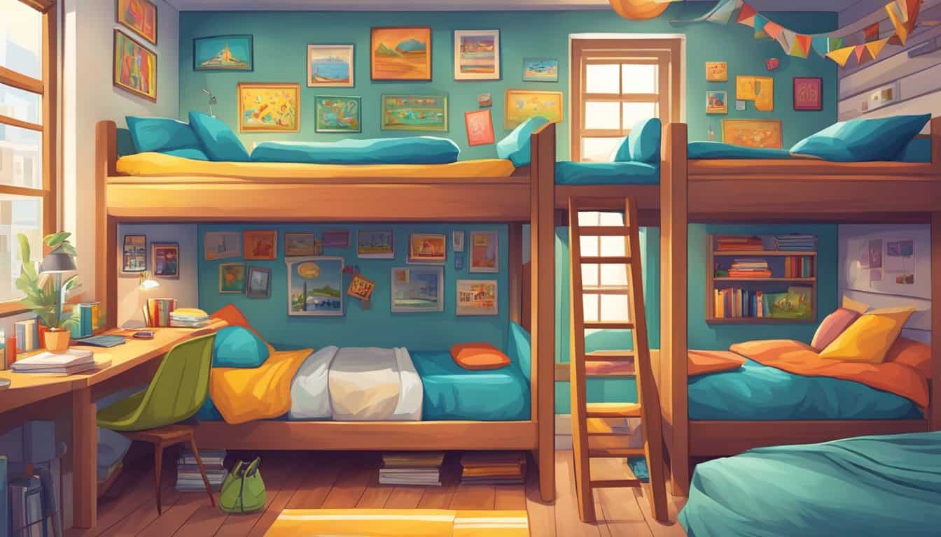Colorful dorm rooms with bunk beds, cozy common areas with board games, and a vibrant social atmosphere with travelers from around the world