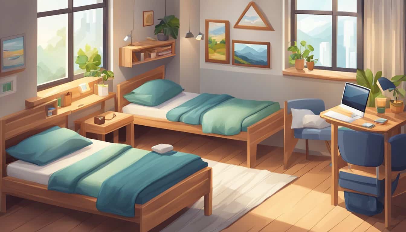 The scene depicts a cozy hostel room with modern amenities, including comfortable beds, clean linens, and convenient storage spaces