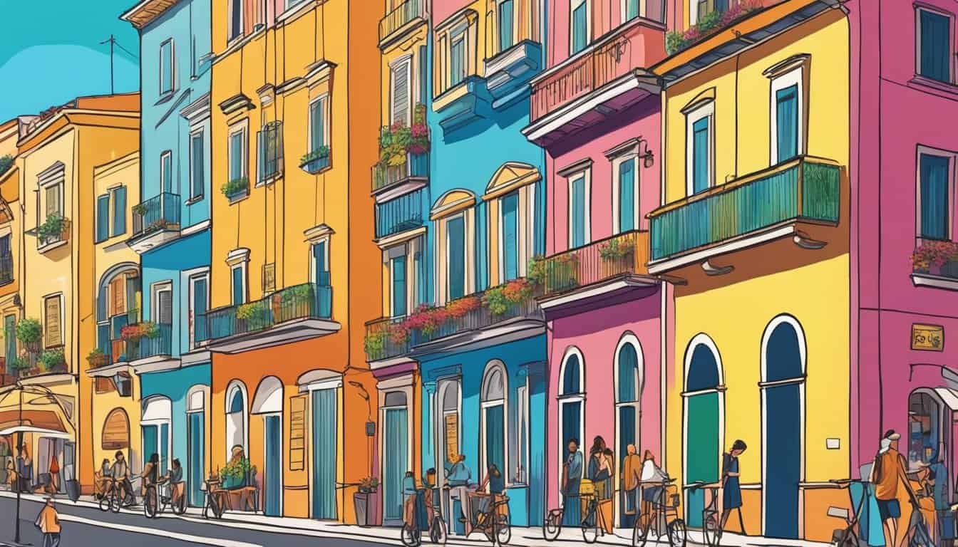 Colorful buildings line a bustling street in Naples, with vibrant signs displaying the names of the top-rated hostels. The sun shines down on the lively scene, capturing the energy and excitement of this popular tourist destination