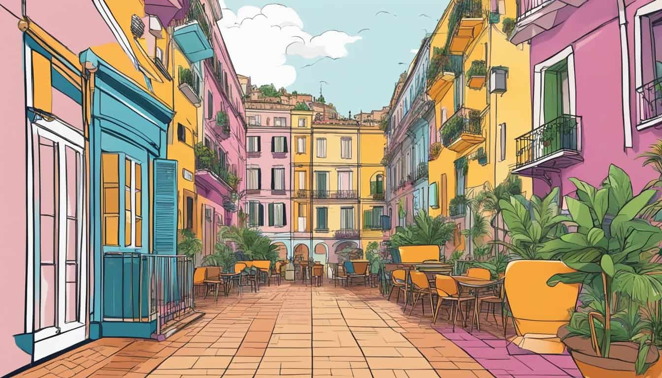 A colorful hostel nestled in the heart of Naples, surrounded by historic architecture and bustling streets, offering unbeatable affordability and value for budget travelers