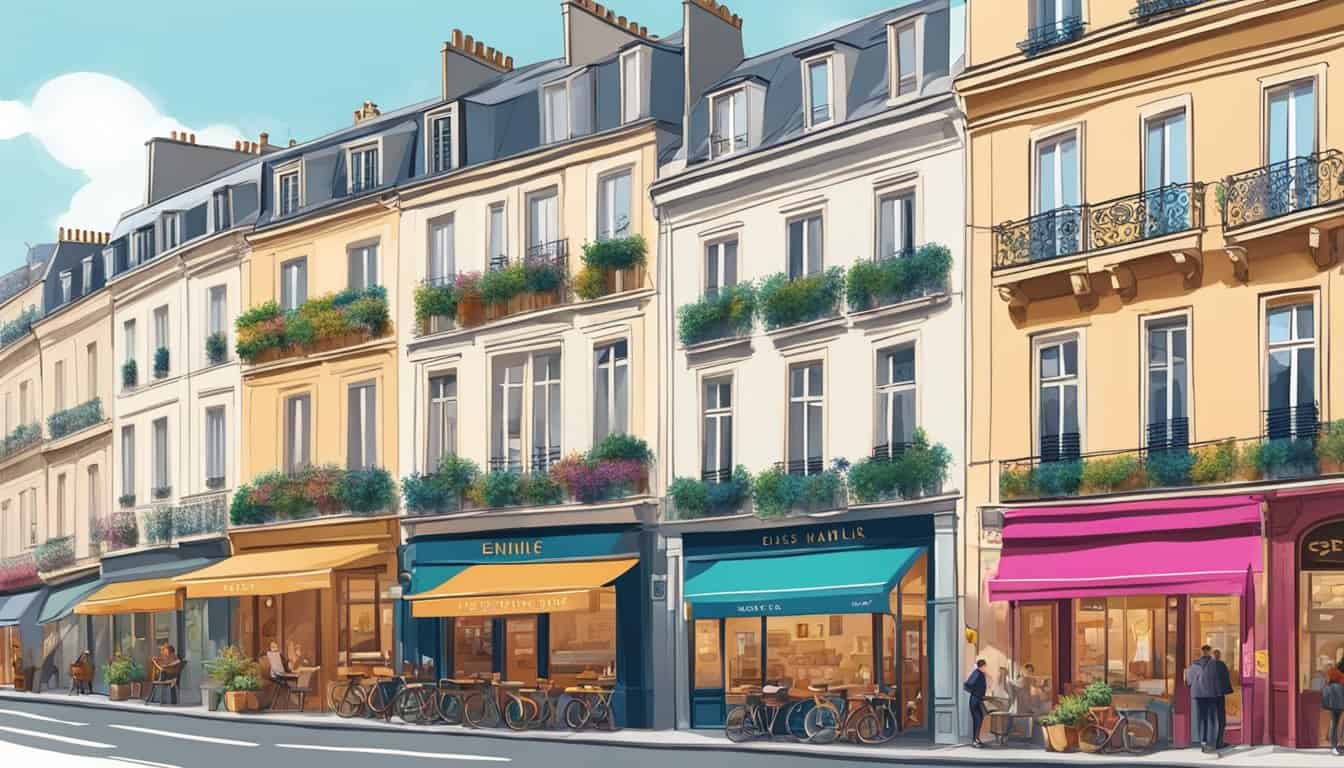 A bustling Parisian street with colorful signs and cozy storefronts, leading to a row of charming hostels with welcoming entrances
