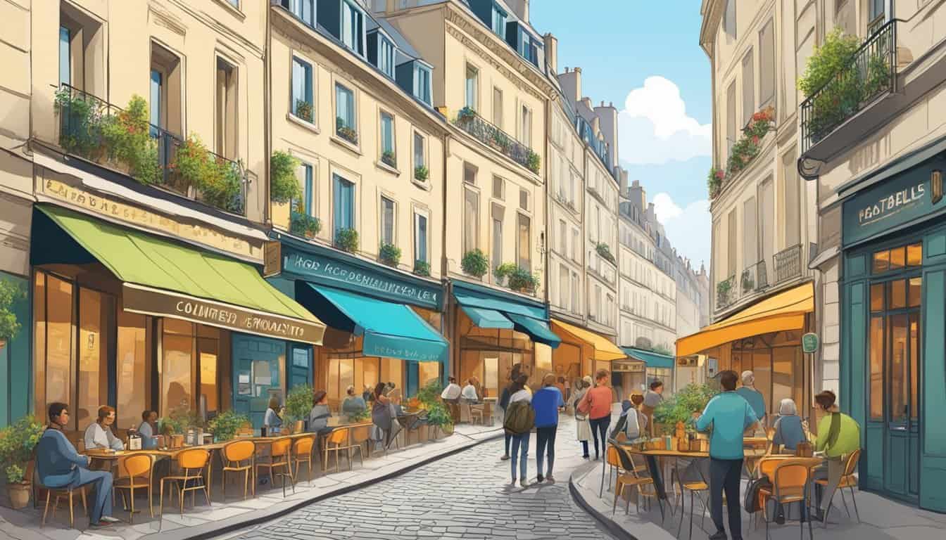 A bustling street in central Paris with charming old buildings, cobblestone streets, and colorful signs advertising the top-rated hostels