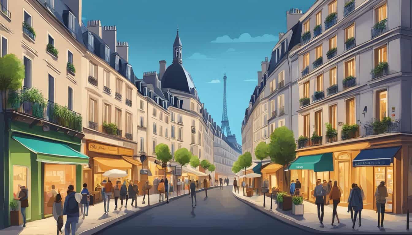 A bustling street in Paris with colorful signs and cozy buildings, showcasing the best hostels in the city